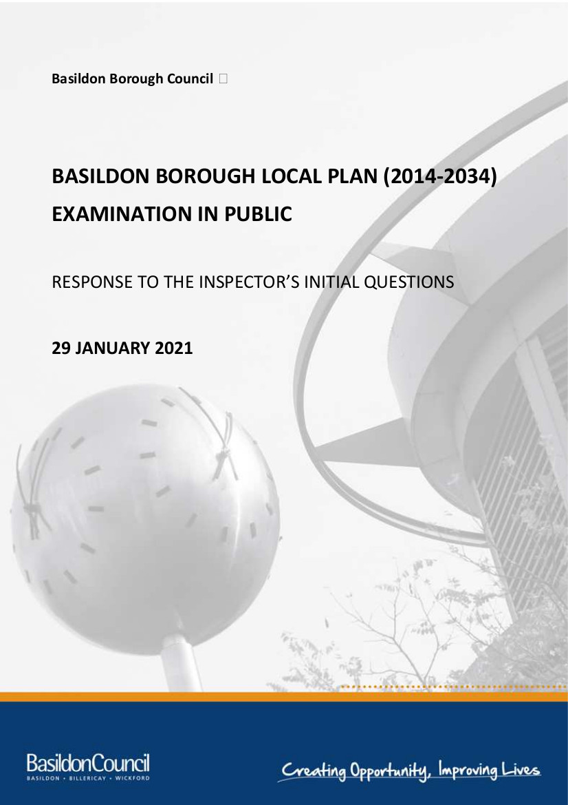 Front page of Basildon response to planning inspectors questions
