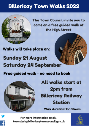 Town Walks poster 2022 21 August and 24 September from Billericay Station 2pm