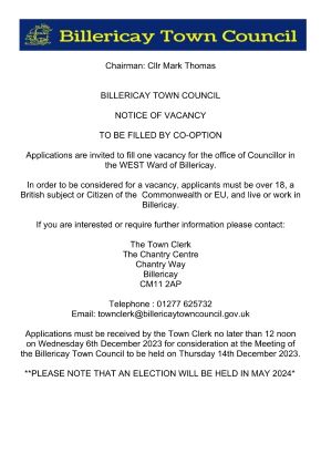 Notice of vacancy in west ward for Billericay Town Council
