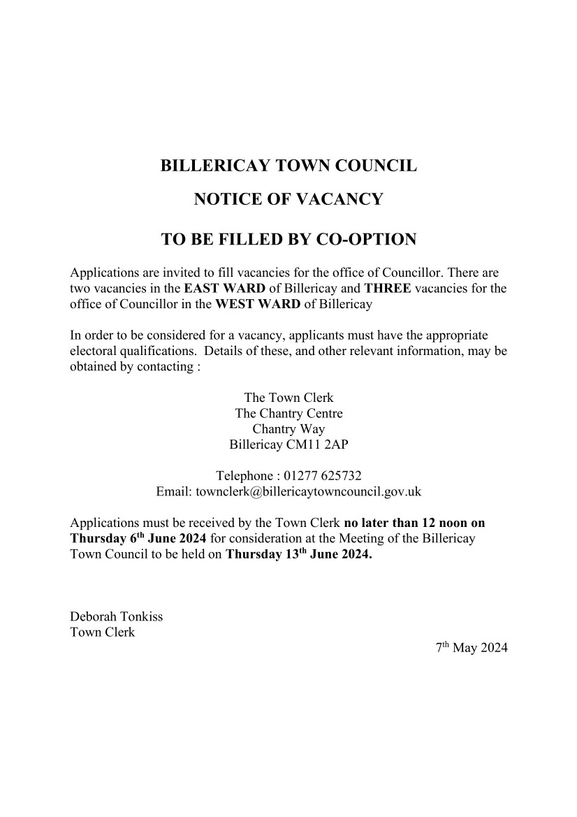 Vacancies on Billericay Town Council 