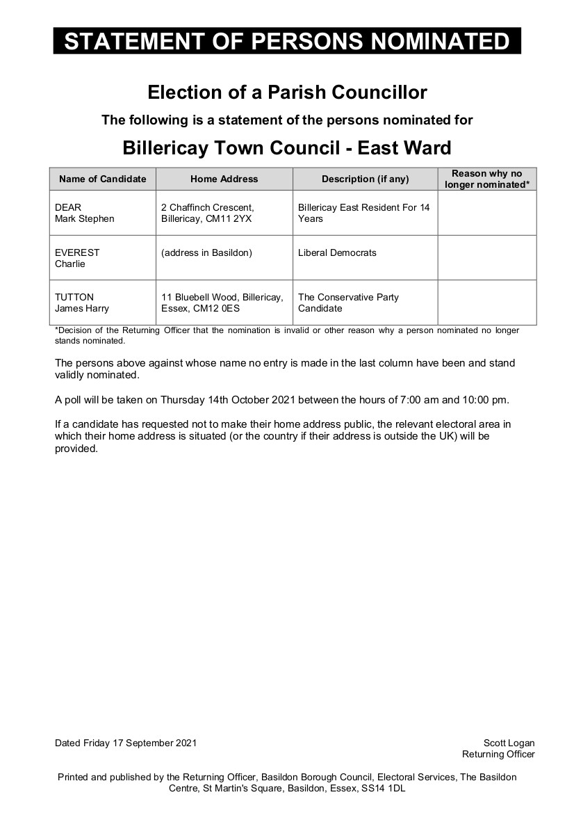 Statement of persons nominated - election east ward